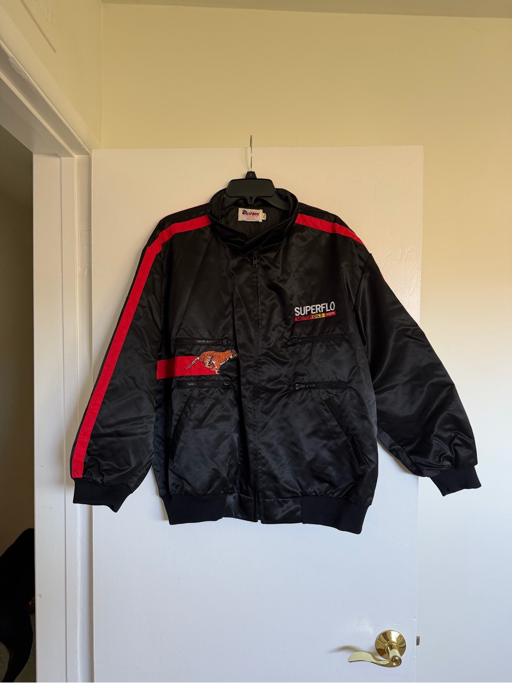 Ashley By 26 International Black Satin Bomber Jacket with Red Stripes